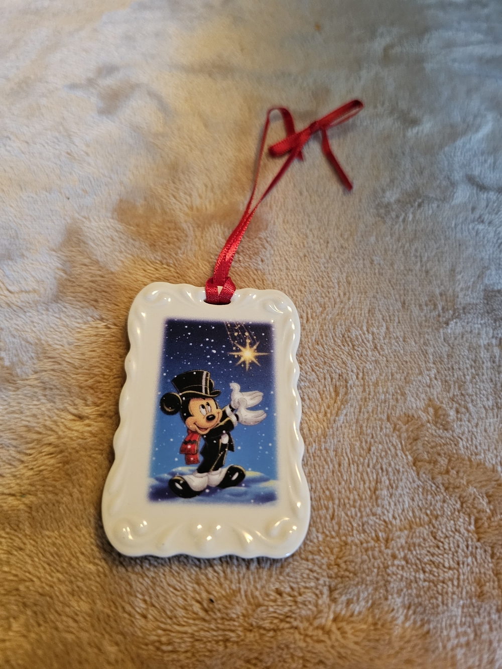 Disney Mickey Mouse White Ceramic Ornament with Red Ribbon and Blue Night Scene